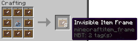 Crafting-Fenster in Minecraft: acht Bilderrahmen im Kreis um einen Verweiltrank der Unsichtbarkeit in der Mitte, als Ergebnis achtmal „Invisible Item Frame“.