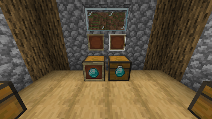 Minecraft-Raum: links ein Diamant in einem normalen Bilderrahmen an Wand und Truhe, rechts derselbe Diamant im unsichtbaren Rahmen, der ohne Rahmen auf der Truhe schwebt.