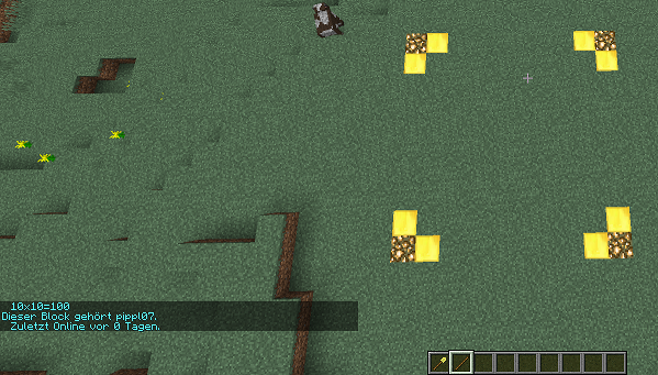 Minecraft-Ansicht: gelbe Gold- und Glowstoneblöcke markieren die vier Ecken einer Zone, im Chat steht 10x10=100 und wem der Block gehört.