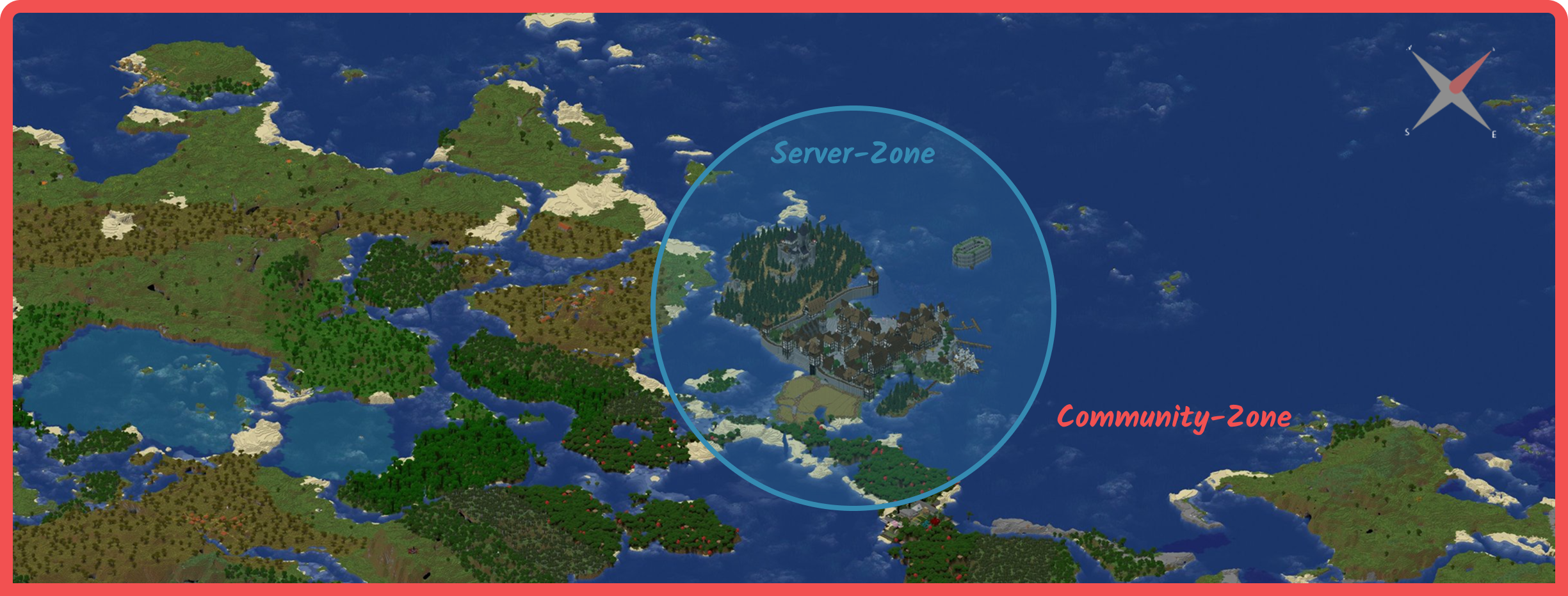 Karte von Aldea aus der Vogelperspektive. Ein blauer Kreis um die Spawn-Stadt markiert die Server-Zone, der rot umrandete Rest die Community-Zone.